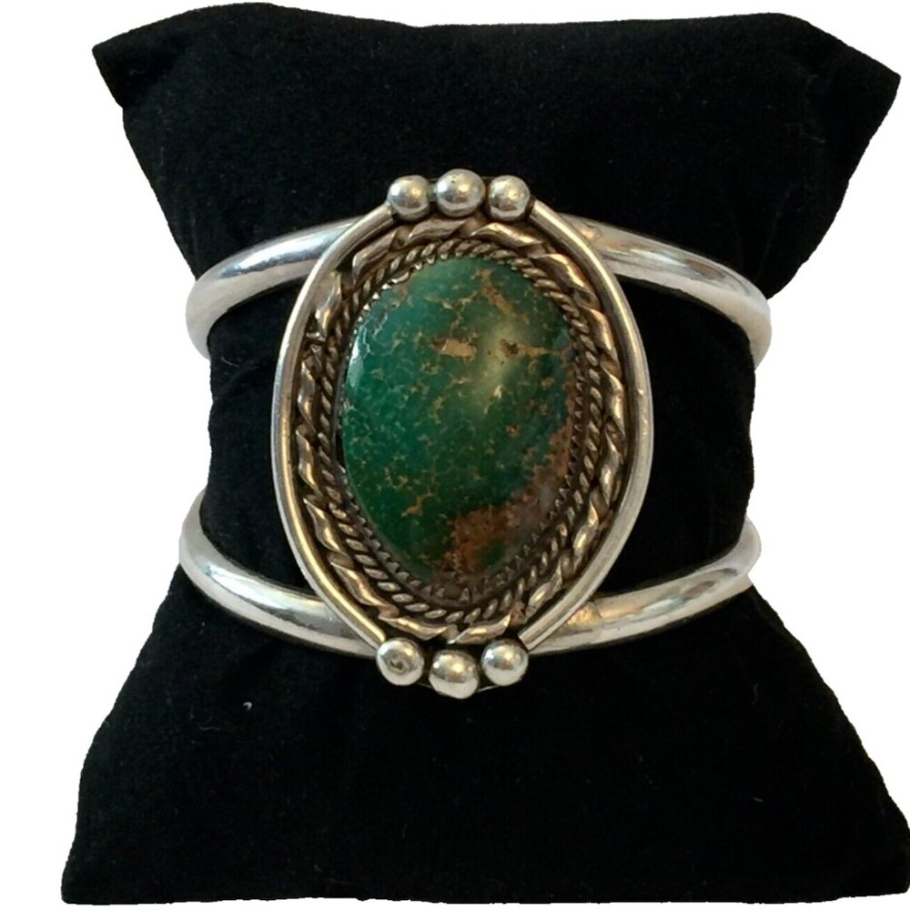 VINTAGE NAVAJO GREEN TURQUOISE STERLING SILVER CUFF 50g NATIVE AMERICAN BLUE GEM